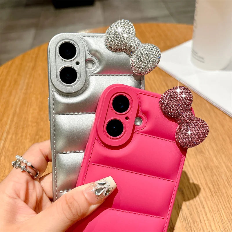 Soft Down Jacket Puffer Phone Case for iPhone X XS SE 7 8 16 15 14 13 12 11 Pro Max XR Plus Luxury Diamond Kitty Bowknot Cover