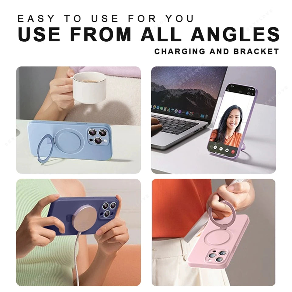 Magnetic Liduid Silicone Phone Case For iPhone 17 Air 14 15 16 Pro Max Magsafe Ring Holder Stand Shockproof Protector Cover