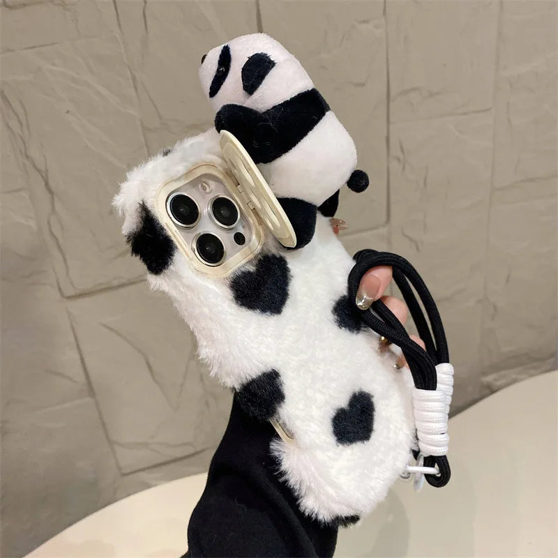 3D Cartoon Panda Doll Plush Phone Case For iPhone 17 Air 16 15 14 13 12 11 Pro Max With Wrist Strap Shockproof Protective Cover