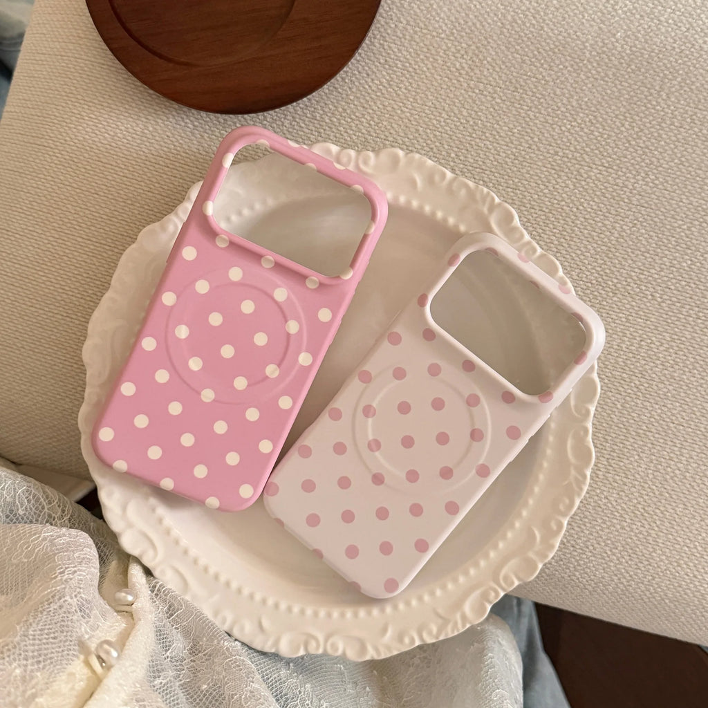 Korean Full Screen Polka Dots Pattern Magnetic Phone Case For iPhone 17 16 15 14 Pro Max Wireless Charging Shockproof Soft Cover