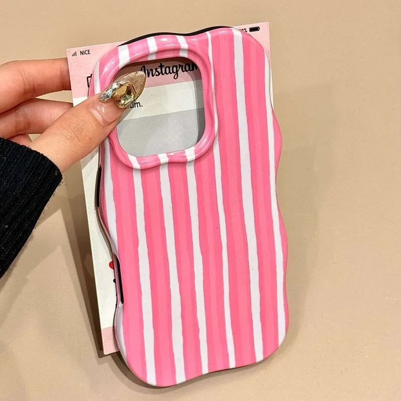 Luxury Color Contrast Stripes Wave Case for iPhone 16 15 14 17 Pro Max 12 13 17 Air Colorful Curly Border Glossy Hard Slim Cover