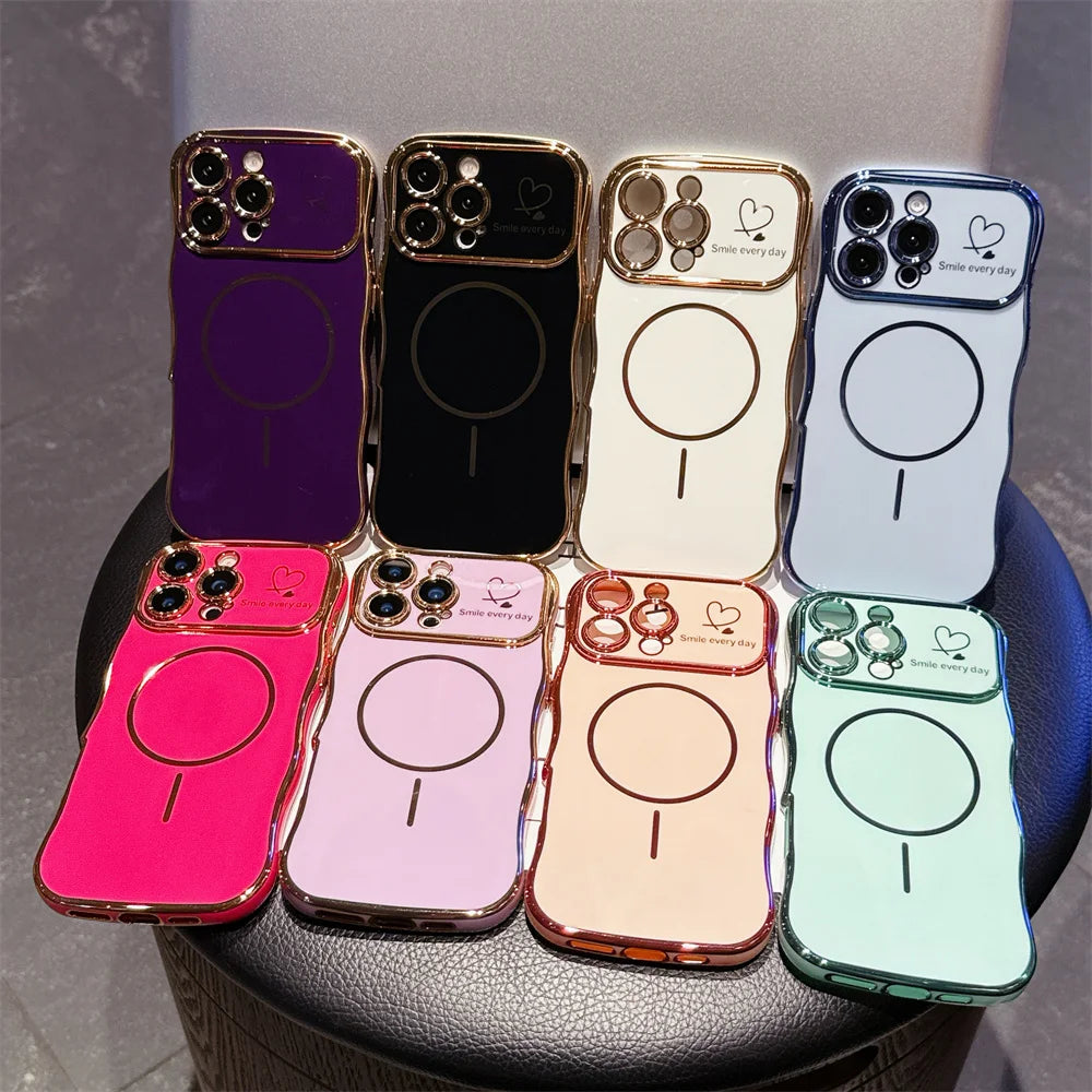 Fashion Wave Heart Shape Electroplating for Magsafe Case for iPhone 16 Pro Max 15 14 13 12 11 Magnetic Wirelesss Charge Cover