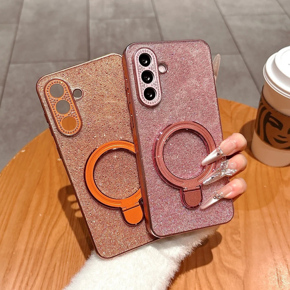 S26 Ultra Plus Folding Stand Shiny Diamonds Case for Samsung Galaxy S26 S25 S24 S23 Ultra Plus FE A17 A07 A57 Full Inlaid Cover