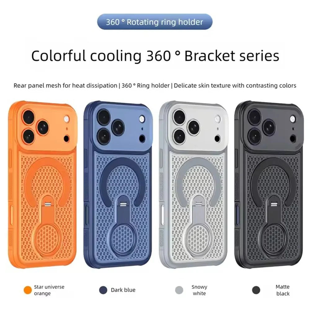 Heat Dissipation Magnetic Phone Case for iPhone 17 16 15 14 13 12 11 Pro Max 17 Air 16 Plus Ring Rotating Stand Shockproof Cover