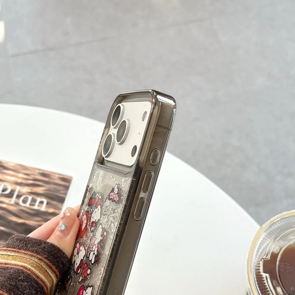 Cute HelloKitty Cat Bling Glitter Quicksand Transparent Phone Case For iPhone 17 16 15 14 13 Pro Max Cartoon Black Bumper Cover
