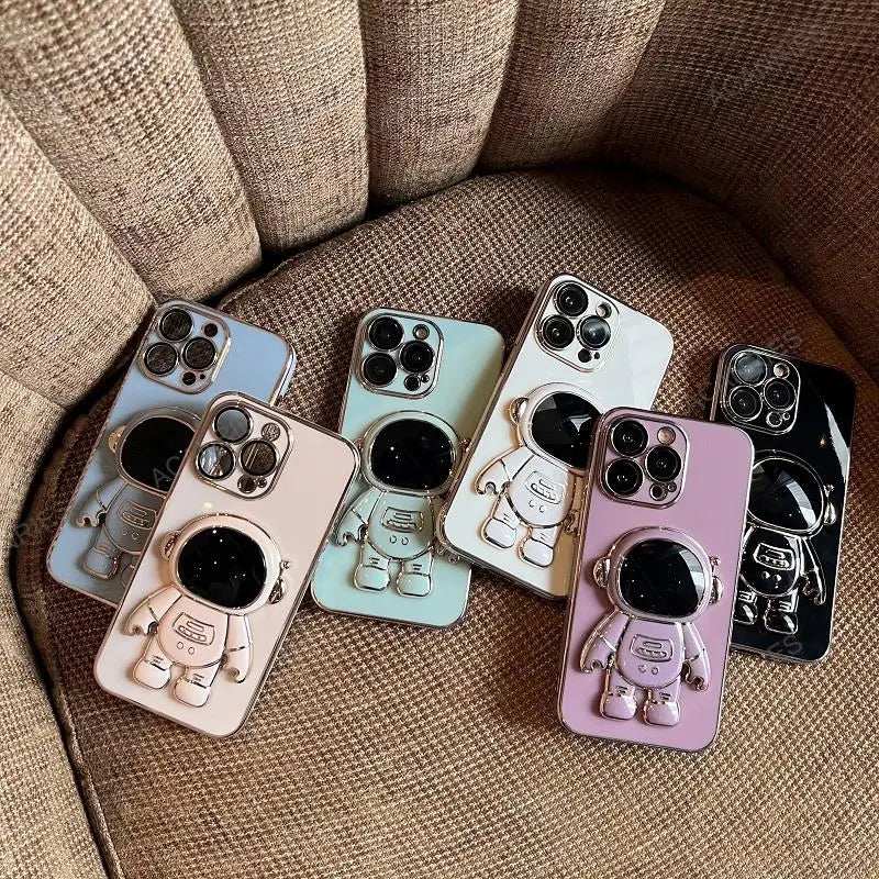 Astronaut Holder Luxury Plating Case For Iphone 14 Plus 12 11 13 Pro Max Mini X Xs Xr 14plus Iphone14 14pro Silicone Stand Cover