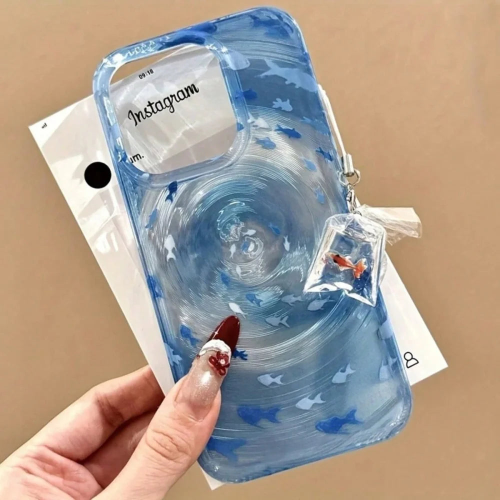 Transparent Blue Vortex Fish Water Ripple Pattern Case For iPhone 15 16 17 Pro Max 13 14 12 11 Glitter Cover With A Koi Pendant