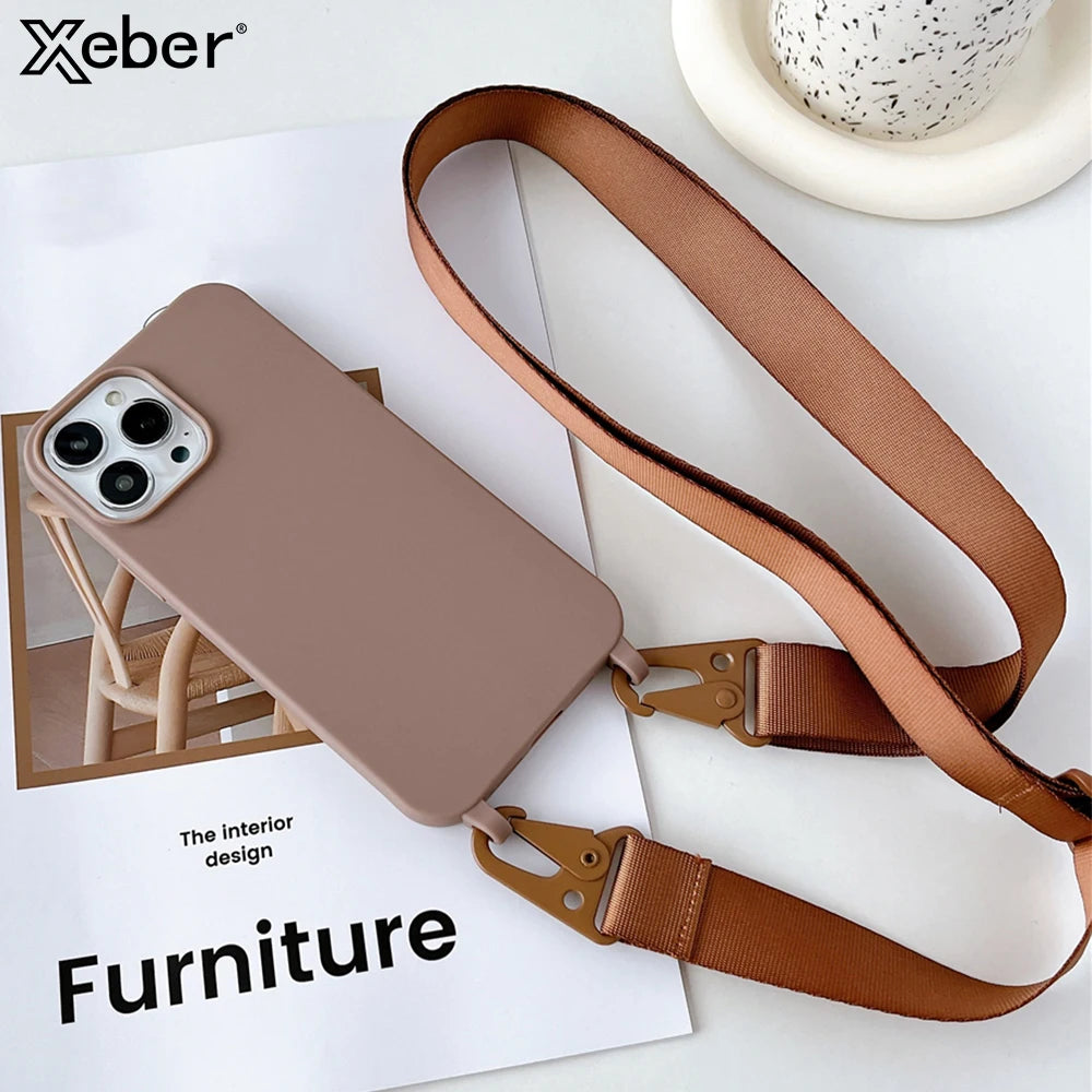 Crossbody Lanyard Matte Silicone Soft Case For iPhone 15 Pro Max 14 13 12 11 XR XS X 7 8 Plus Necklace Strap Shockproof Cover