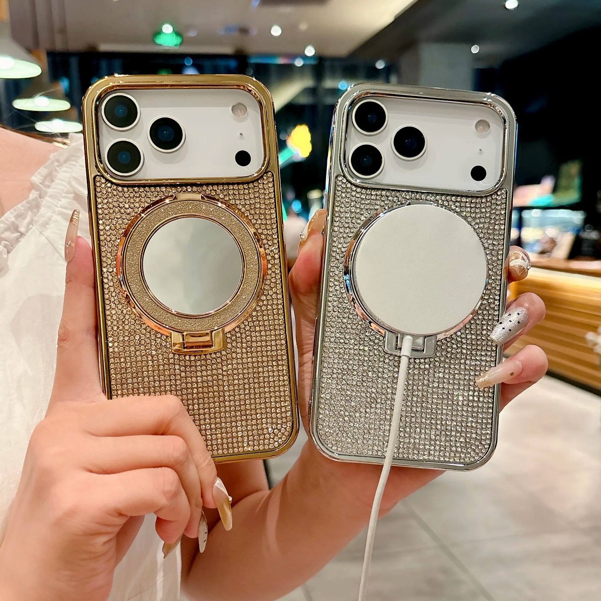 Plating Glitter Make UP Mirror Bracket Cover For iPhone 17 Air 16 15 14 Plus 11 12 13 17 Pro Max For Magsafe Diamond Phone Case