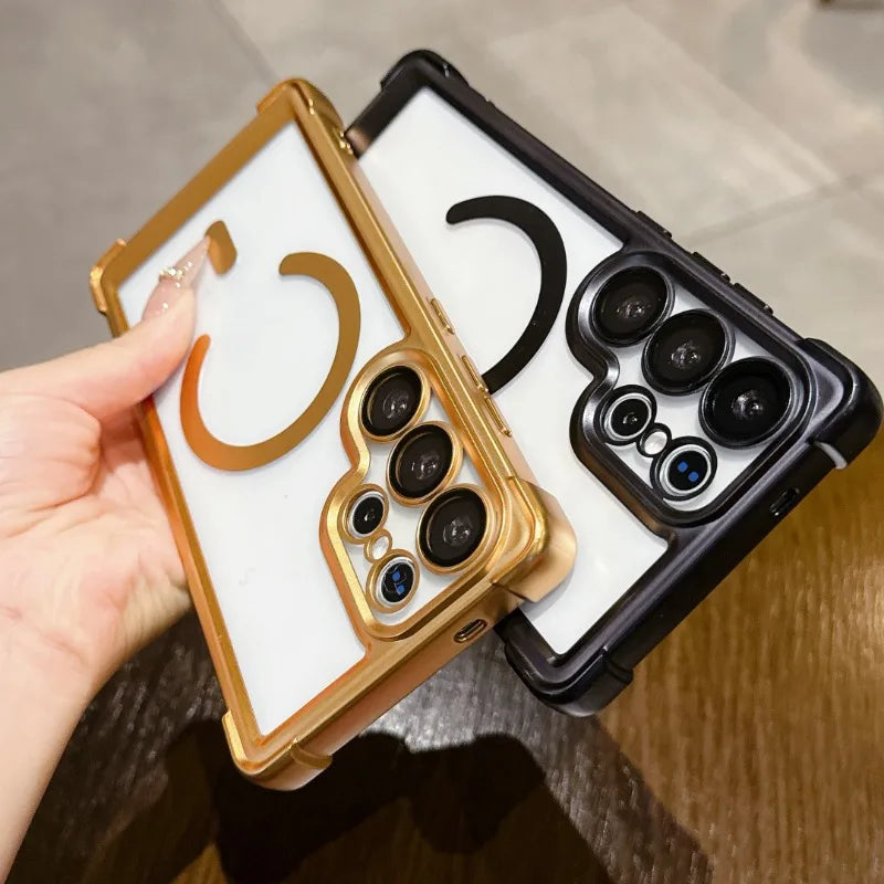 Armor Shockproof Magnetic Case For Samsung Galaxy S25 Ultra S24 FE Plus S23 For Magsafe Lens Protector Matte Plating Clear Cover