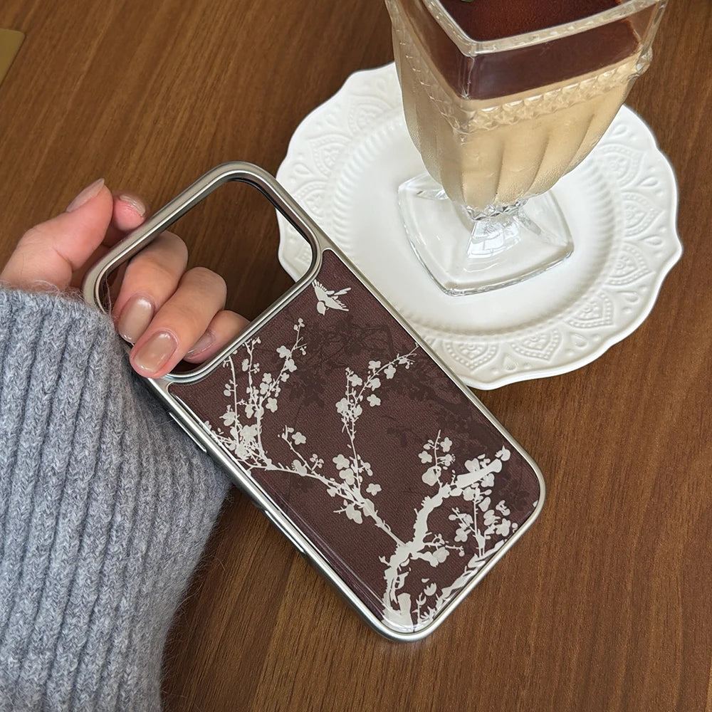 Elegant Brown with White Floral Pattern Stylish Case for iPhone 17 16 15 14 17ProMax 13 Electroplated Drop Glue Shockproof Cover