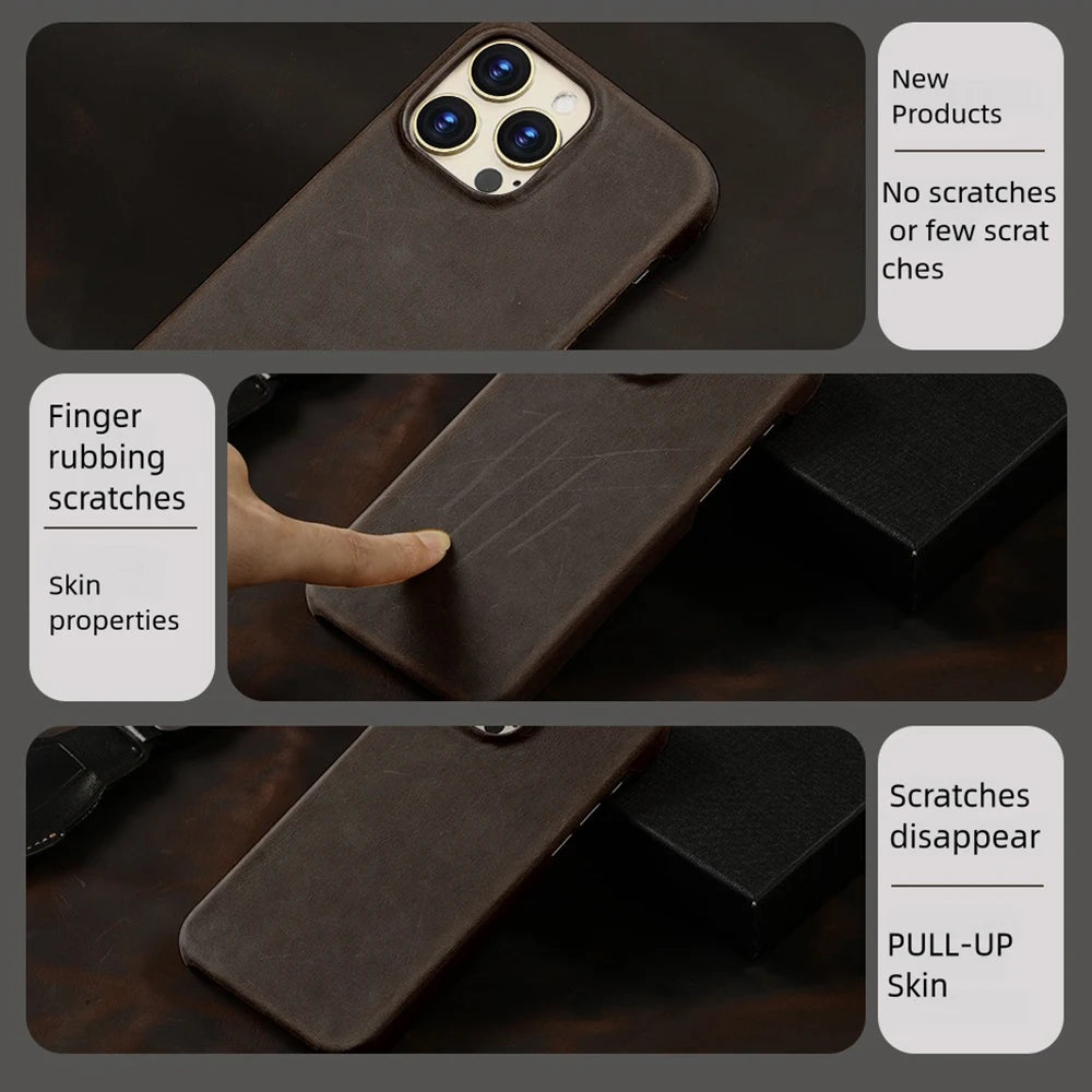 LANGSIDI for Magsafe Case for iPhone 15 16 Pro Max Retro Luxury Full Grain Cowhide Genuine Oiled PULL-UP Leather Magnetic Cover