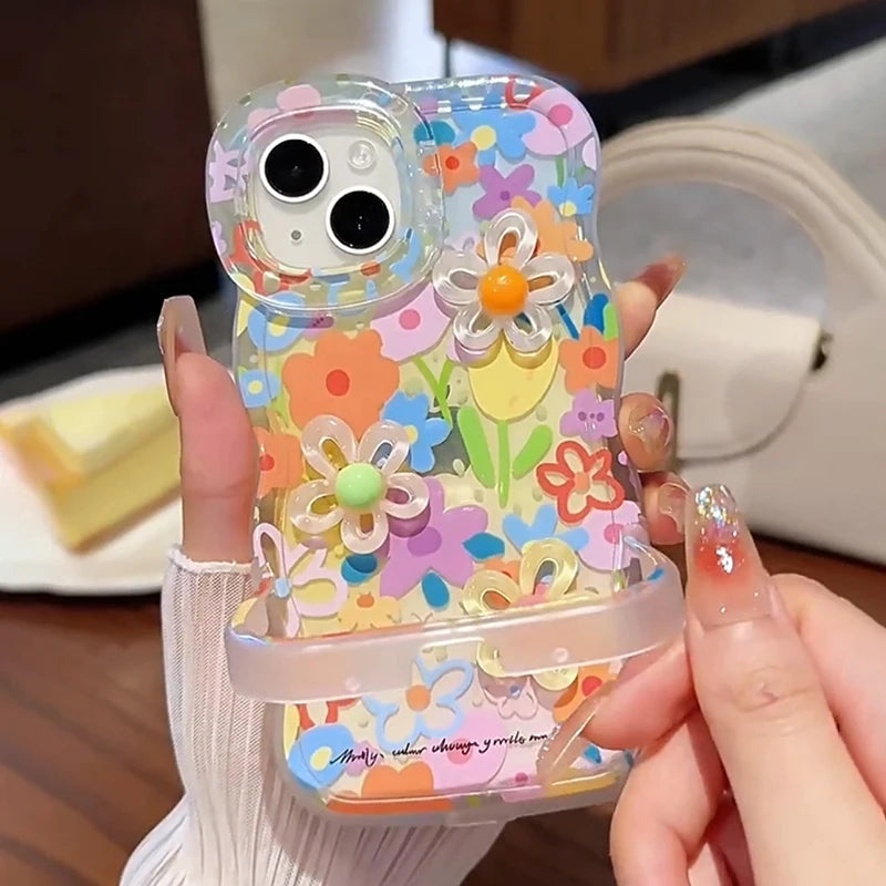 Bracket Phone Holder Case For iPhone 17 16 15 14 13 12 11 Pro Max Plus Cartoon 3D Colorful Flower Holder Stand Shockproof Cover
