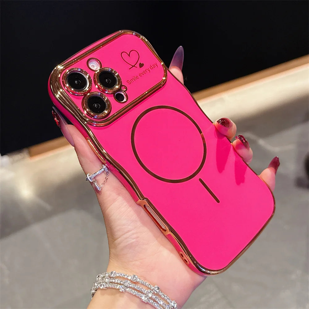 Wave Love Heart Electroplating For Magsafe Case For iPhone 11 12 13 14 15 16 17 Pro Max Air Plus Magnetic Wirelesss Charge Cover