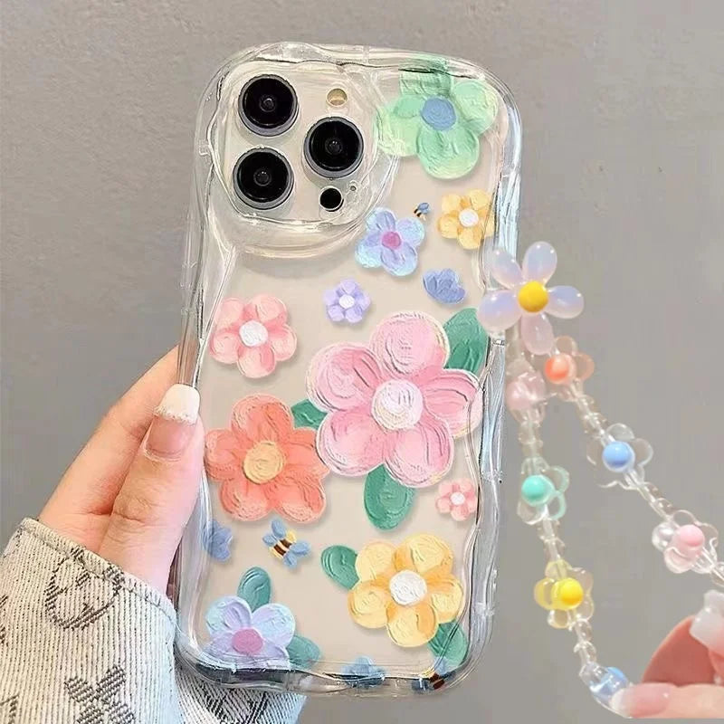 Smile Flower Lanyard Chain Case For Samsung Galaxy S26 S25 FE S24 Ultra Plus FE A17 A57 A37 A56 A55 A16 A15 A54 A53 A36 A26 5G