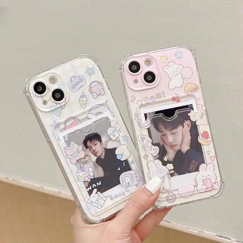 Cartoon Cute Rabbit Bear Card Holder Slot Bag Clear Phone Case For IPhone 17 Air 16 15 14 12 11 Pro Max 13 Mini Plus Soft Cover