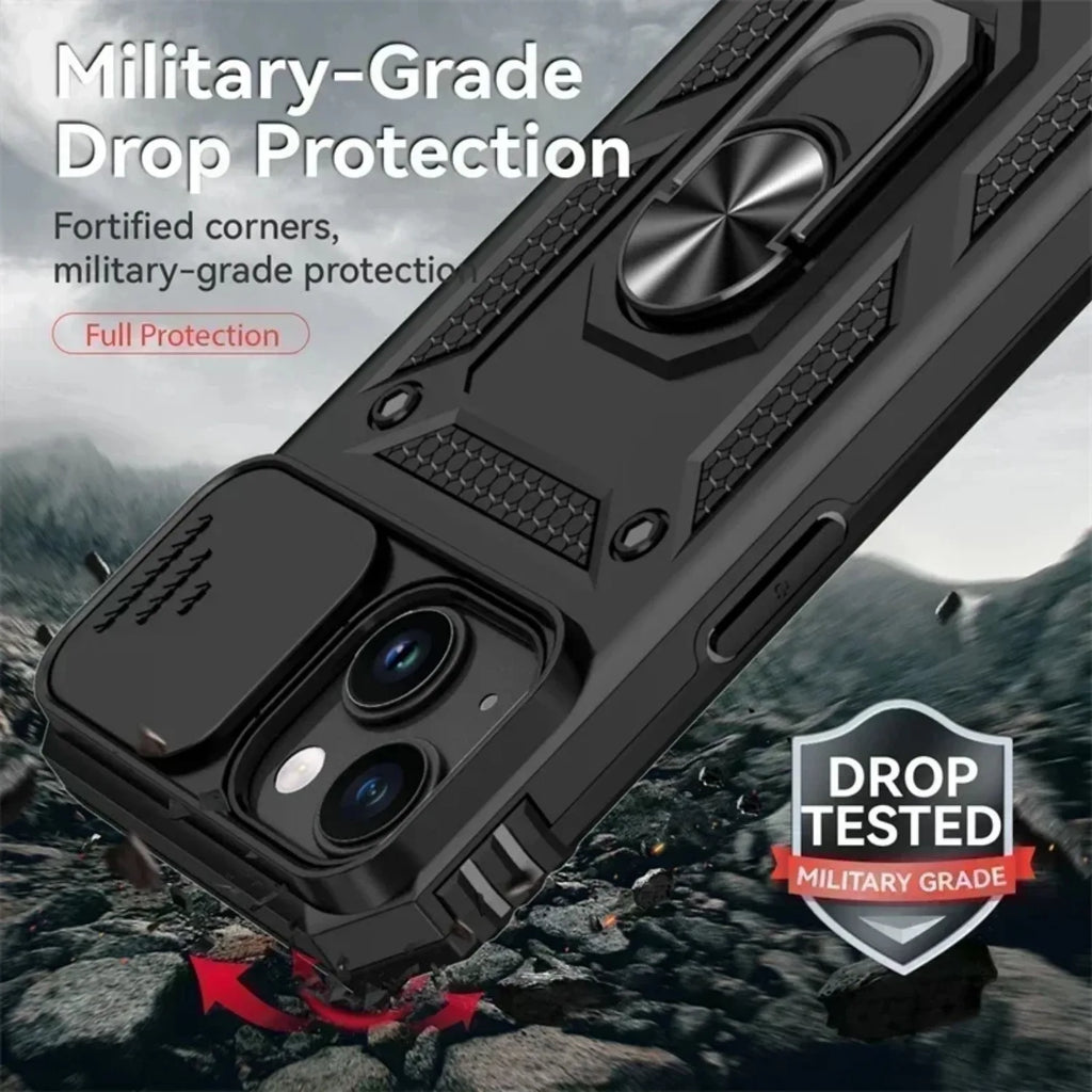 Ring Stand Rotating Slide Camera Lens Military Grade Armor Case for iPhone 17 air 16 14 13 12 11 15 Pro Max Plus 17e 16e Cover