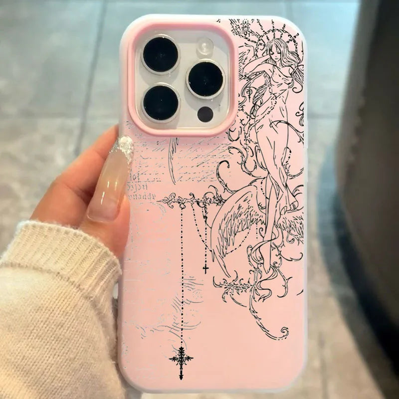 Gothic Style Angel Cross Line Drawing Phone Case For iPhone 11 12 13 14 15 16 17 Pro Max XS X XR 16E 17Pro 17Air 7 8 Plus Cover