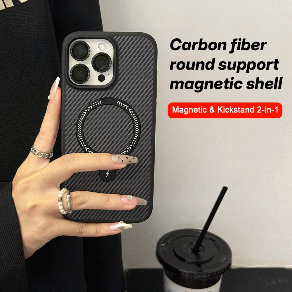 Carbon Fiber Texture For Magsafe Magnetic Bracket Phone Case For iPhone 17 11 12 13 14 15 16 Pro Max Glass Lens Protector Cover