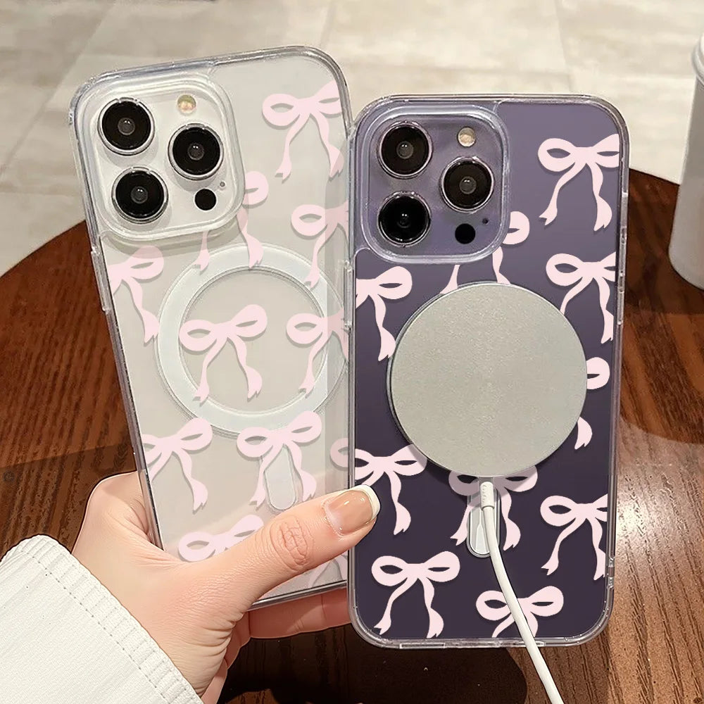 Y2K Pink Bow Magsafe Magnetic Charging Case For iPhone 13 Case iPhone 16 15 11 14 13 12 17 Pro Max Air Clear Shockproof Cover