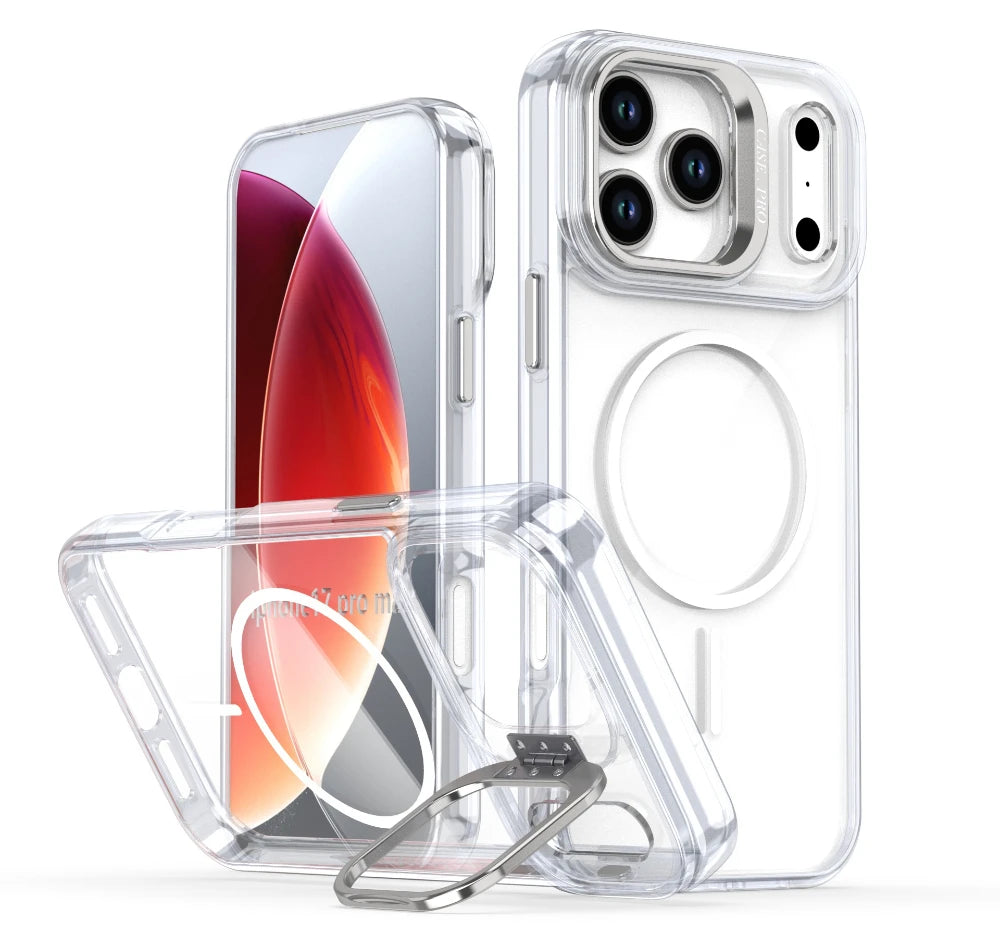 For Magsafe Stand Phone Case for iPhone 17 Pro Max Air 11 12 13 14 15 16 Pro Max Plus Shockproof Transparent Phone Cover Funda