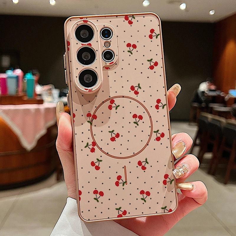 Little Cherry Pattern Magnetic Phone Case For Samsung Galaxy S26 S25 Ultra Edge S24 S23 FE A17 A56 A37 A16 A55 A15 A36 A55 Cover