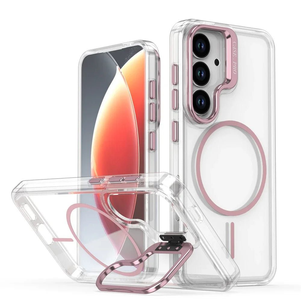 Luxury Clear For Magsafe Magnetic Lens Stand Holder Phone Case For Samsung S25 Ultra S24 S23 Plus FE A06 A07 A16 A17 A26 Cover