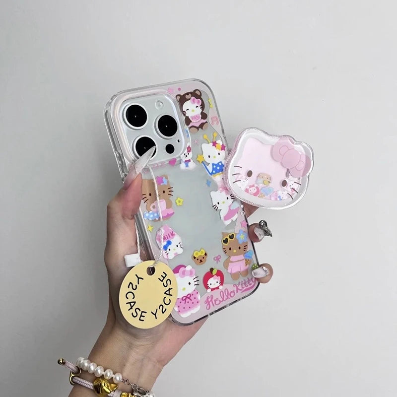 For iPhone 17 Pro 16E 16 13 12 mini 11 14 15 Pro Max Cute Hello Kitty Cartoon Shakeable Grip Tok Holder Transparent Phone Case