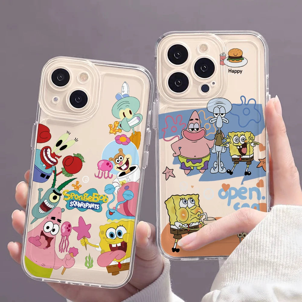 Cute SpongeBobs S-SquarePants Phone Case for iPhone 17 Air 16 15 14 Plus 13 12 11 Pro Max X Xs XR 8 e Soft TPU Transparent Cover