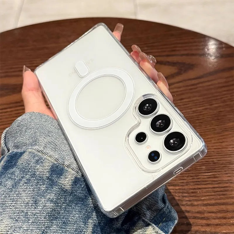Original For Magsafe Magnetic Phone Case For Samsung Galaxy S25 S24 S23 S22 Ultra Plus Wireless Charging Shockproof Clear Cover