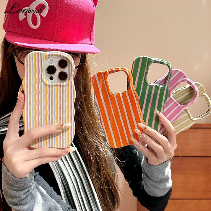 Colorful Stripes Glossy Wave Phone Case for iPhone 15 16 17 Pro Max 14 13 12 17 Air Double Color Contrast Hard PC Ins Cover