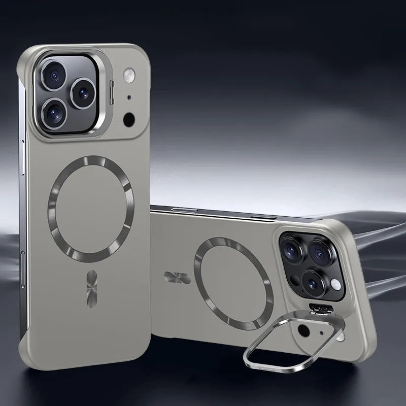 Matte PC Metal Camera Bracket Holder PC Case For iPhone 17 Pro Max Air 16 15 17Pro Frameless Plastic Shockproof Armor Cover