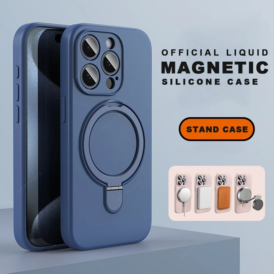 Ring Holder Magnetic Phone Case For iPhone 17 Air 13 14 15 16 Pro Max Magsafe Liduid Silicone Stand Shockproof Protector Cover