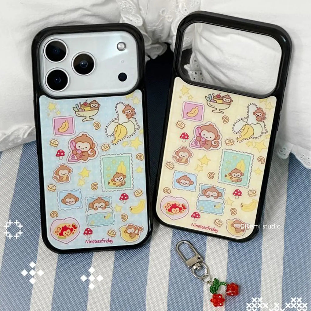 Korean Ins Blue Yellow Monkey Banana Phone Case For iPhone 17 Air 16 Pro Max 15 14 Plus 13 12 11 Shockproof Silicone Back Cover