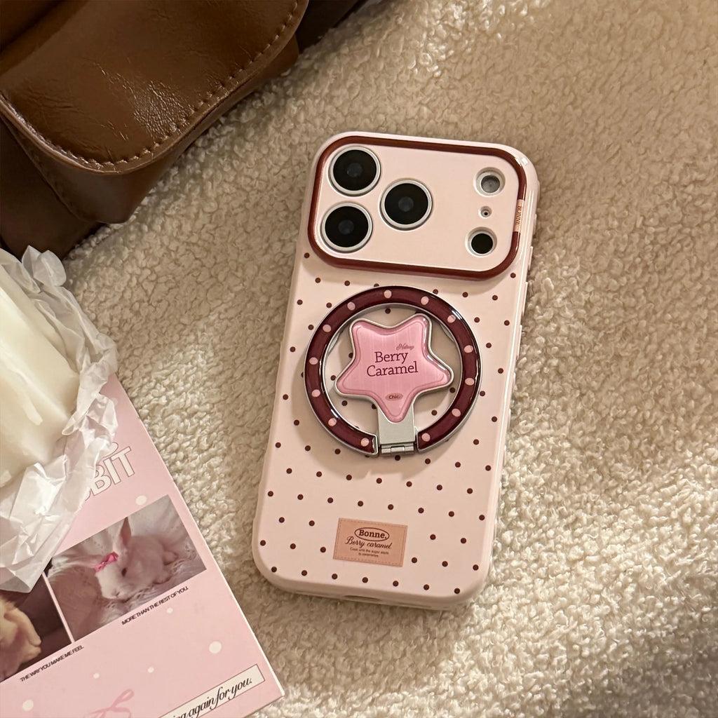 Korean Polka Dots Cartoon Bear Fold Stars Magnetic Bracket Phone Case For iPhone 17 16 15 14 13 12 Pro Max Shockproof Soft Cover