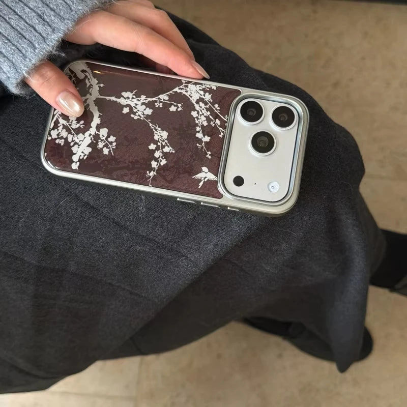 White Flowers Birds Pattern Electroplated Drip Glue Phone Case For iPhone 17 Air 16 ProMax 15 14 Plus 13 12 Pro 11 Back Cover