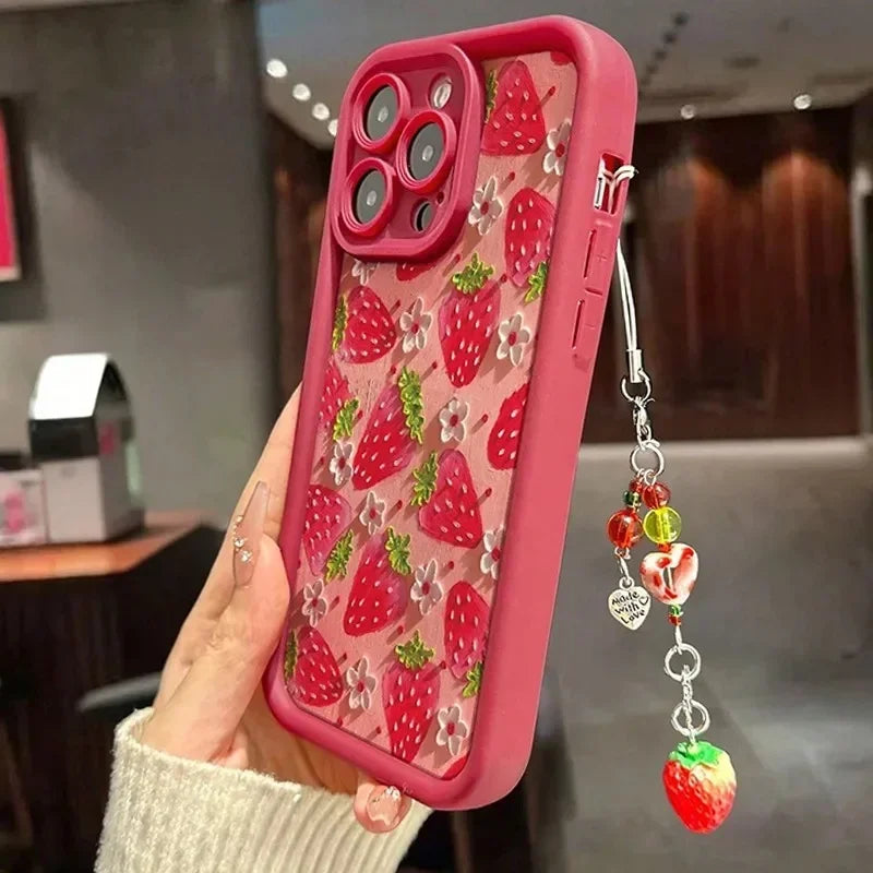 Red Strawberry With Pendant Case For Iphone 17 16 Pro Max 17 Air 16e 15 14 13 12 11 Pro Max  14 15 16 Plus Summer Fruit Casing
