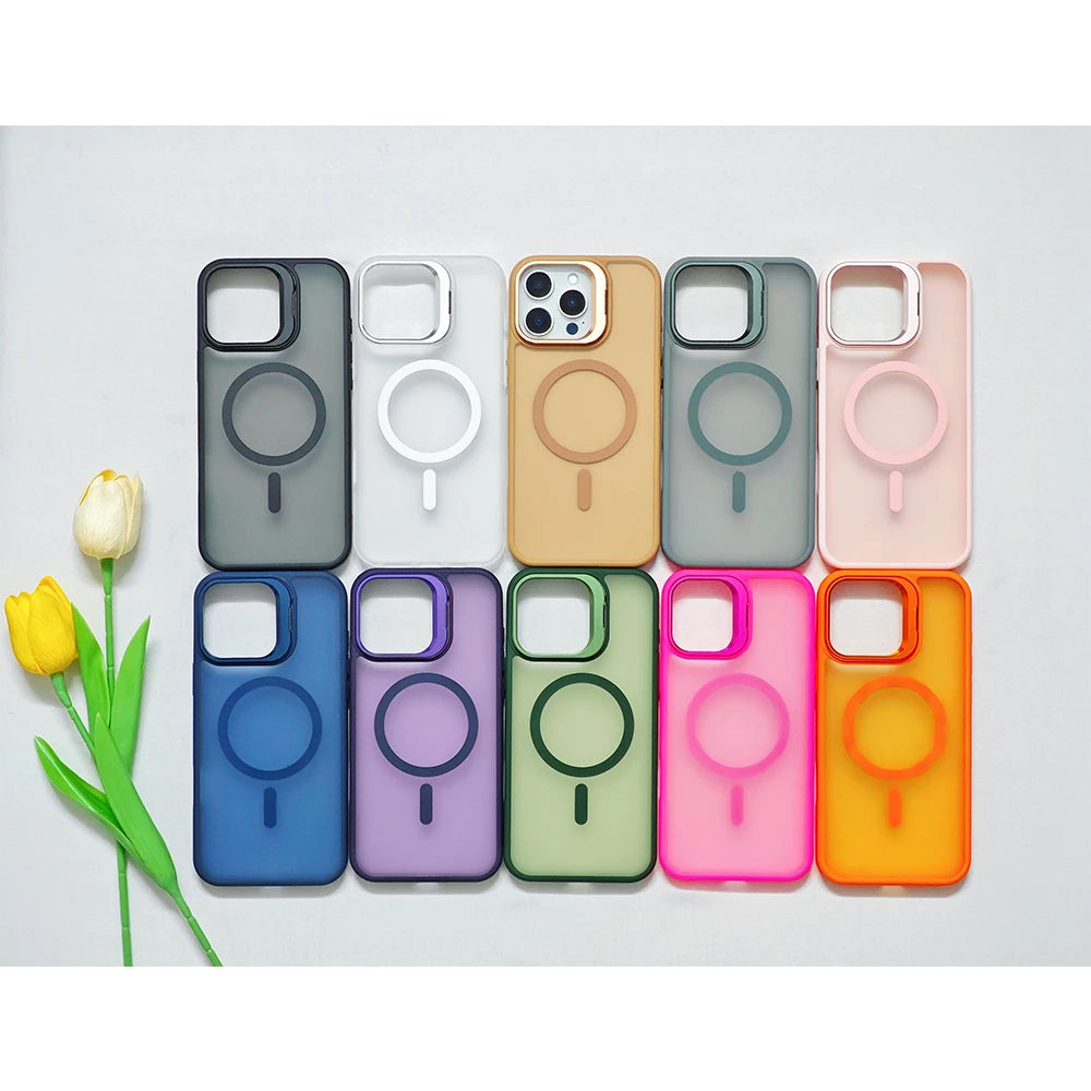 Metal Camera Folding Stand Magnetic Matte Cover For iPhone 16 13 12 Mini 11 14 15 Pro Max 16 Plus Translucent For Magsafe Case