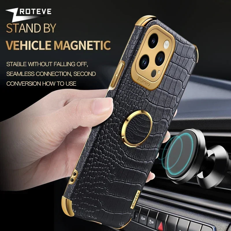 For iPhone16 Pro Zroteve Crocodile Leather Ring Holder Soft Cover For iPhone 16 15 14 13 12 11 Pro Max SE 2 3 iPhone15 Plus Case