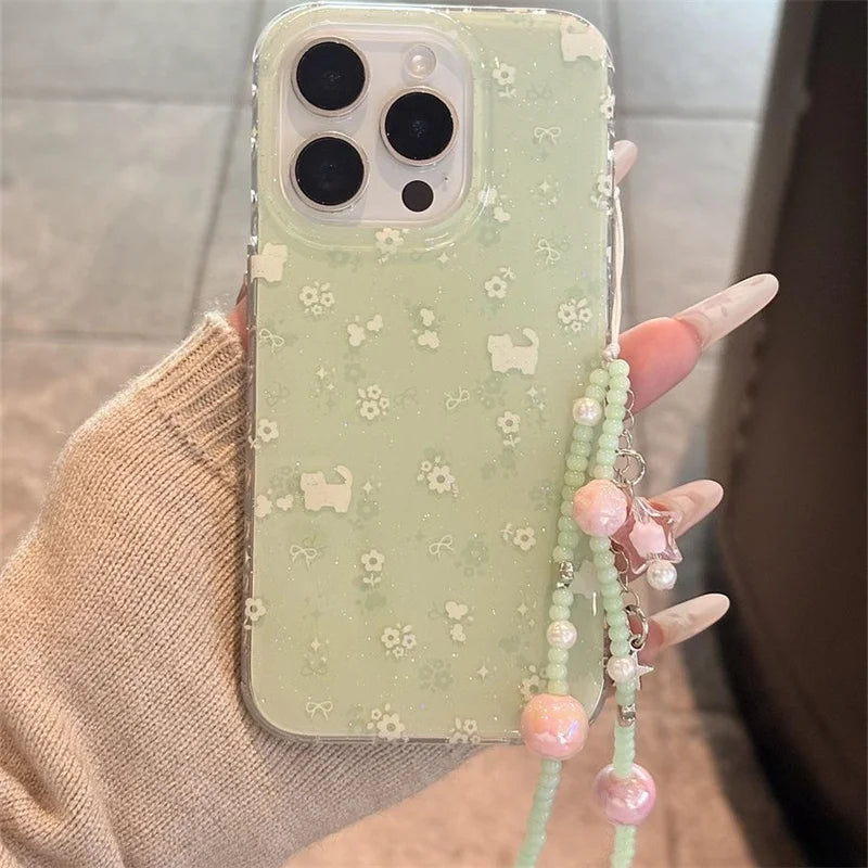 Crystal transparent white light IND matcha green floral cat phone case with bead chain for iPhone 11 12 13 14 15 16 17 Pro max