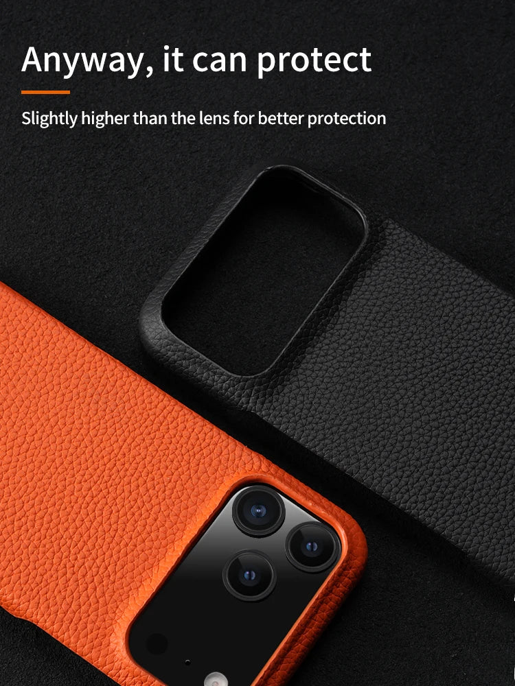 Lychee Natural Cowhide Leather for Magsafe Case for iPhone 17 Air 15 16 Pro Max 17Pro Magnetic Protector Luxury Phone Back Cover