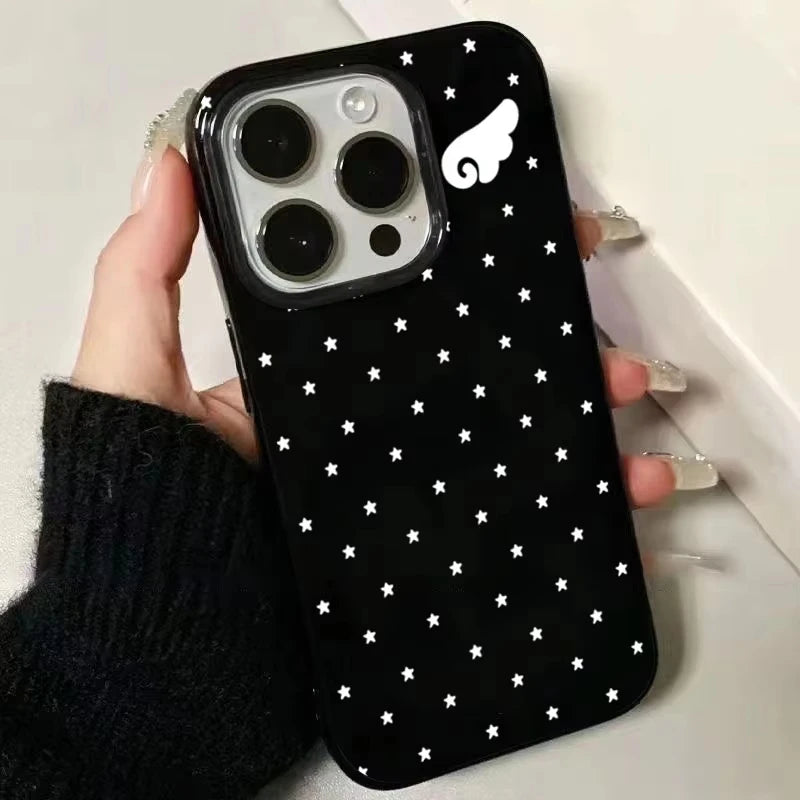 Cute Star Angel Wings Black Phone Case For Samsung S25 S24 Ultra S23 Ultra S22 S21 S20 Plus Note 20 S24FE S23FE Silicone Cover
