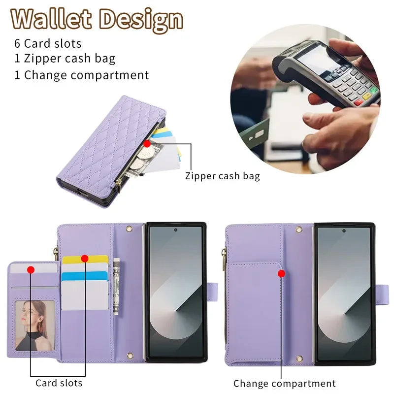 Zipper Wallet Flip Leather Phone Case For Samsung Galaxy Z Fold 7 6 5 4 S26 Ultra S25 FE S24 Plus S23 S22 S21 Multi Card Cover