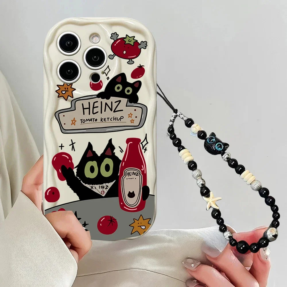 Cartoon Cat Animal Red Apple Fruit Phone Chain Case For Xiaomi Redmi Note 15 14 13 12 Pro Plus 5G 4G Redmi 15C 15A 14C 13C 12C