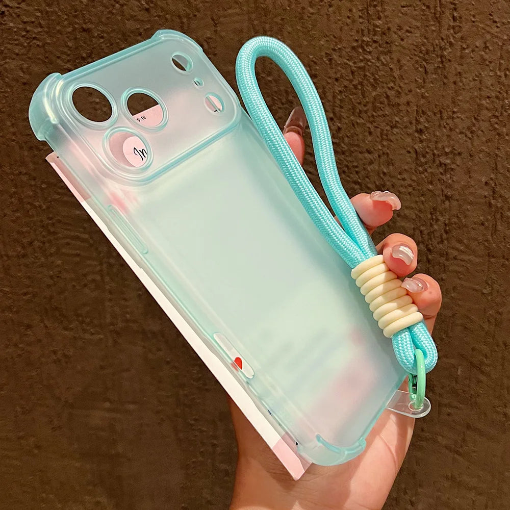 Luxury Matte Transparent Shockproof Protective Phone Case For iPhone 17 16 15 14 13 12 11 Pro Max Hand Wrist Strap Lanyard Cover