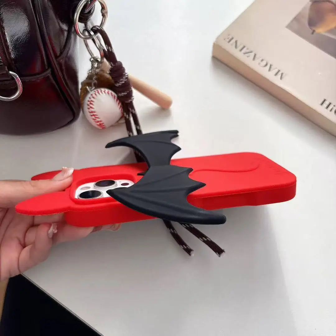 Cute 3D Cartoon Red Bat Case For iPhone 17 16 15 14 13 12 Pro Max 17ProMax With Wing Stand Holder Anti Fall Silicone Cover