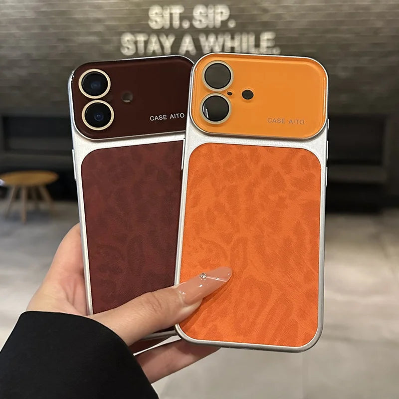 Luxury Retro Leopard Pattern Case For iPhone 17 16 15 14 Pro Max 13 Shockproof Large Window Camera Glass Matte Plating Cover
