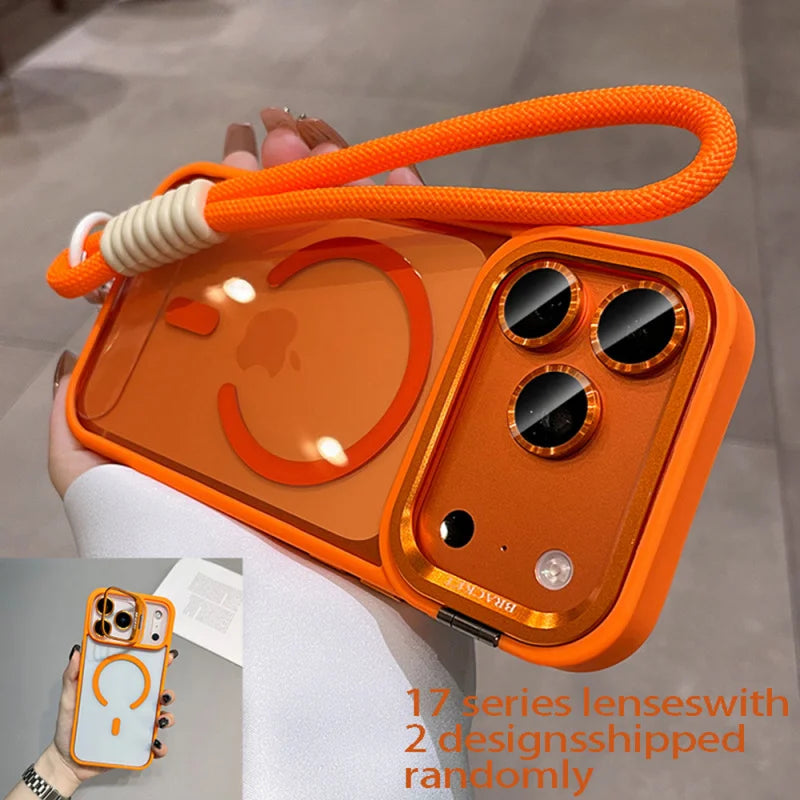 Luxury Orange Lanyard Magnetic Wireless Charging Metal Lens Holder Phone Case，CompatibleiPhone 17 Pro Max Air 16 15 14 13 12 Pro