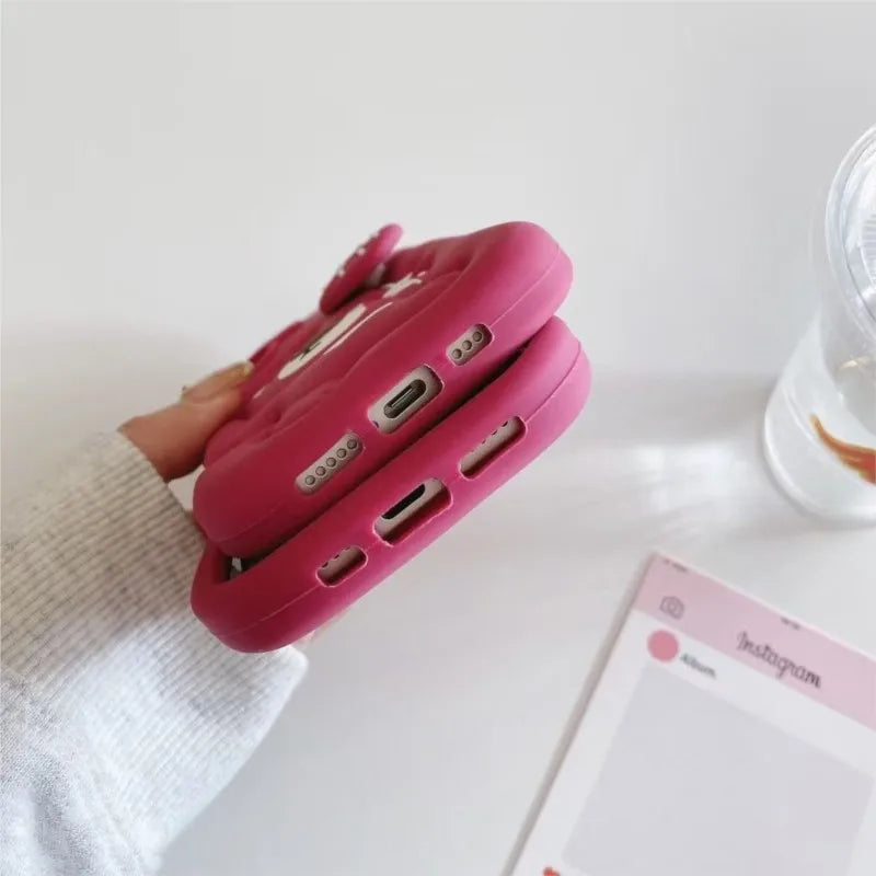 3D Lotso Strawberry Bear Silicone Phone Case with Strawberry Balloon for iPhone 16 15 14 13 12 11 Pro Max Cute Shockproof Cover