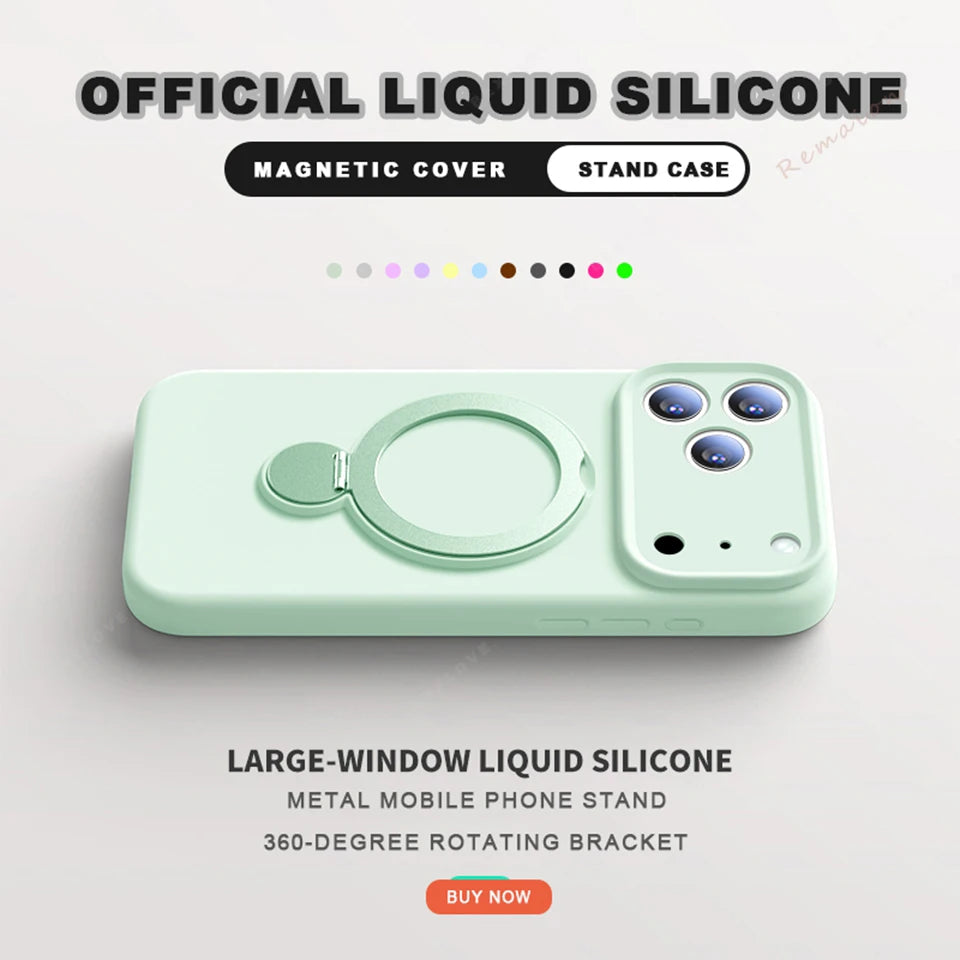 360 Magnetic Stand Liquid Silicone Phone Case For iPhone 17 Air 13 14 15 16 Pro Max Plus Magsafe Charge Holder Protector Cover